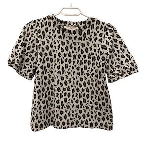 Loft Leopard Animal Print Short Sleeve Crew Neck Shirt, Cream Brown Size Small